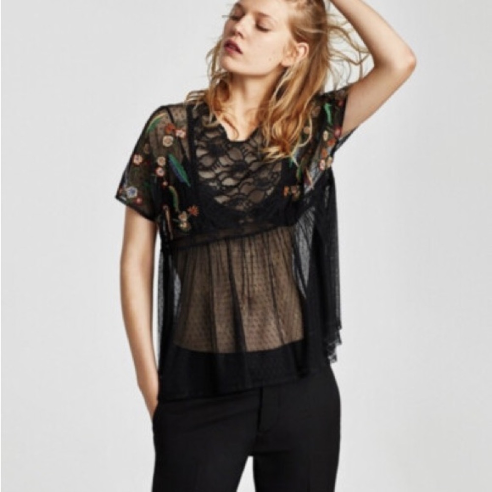 ZARA Embroidered Floral Sheer Top